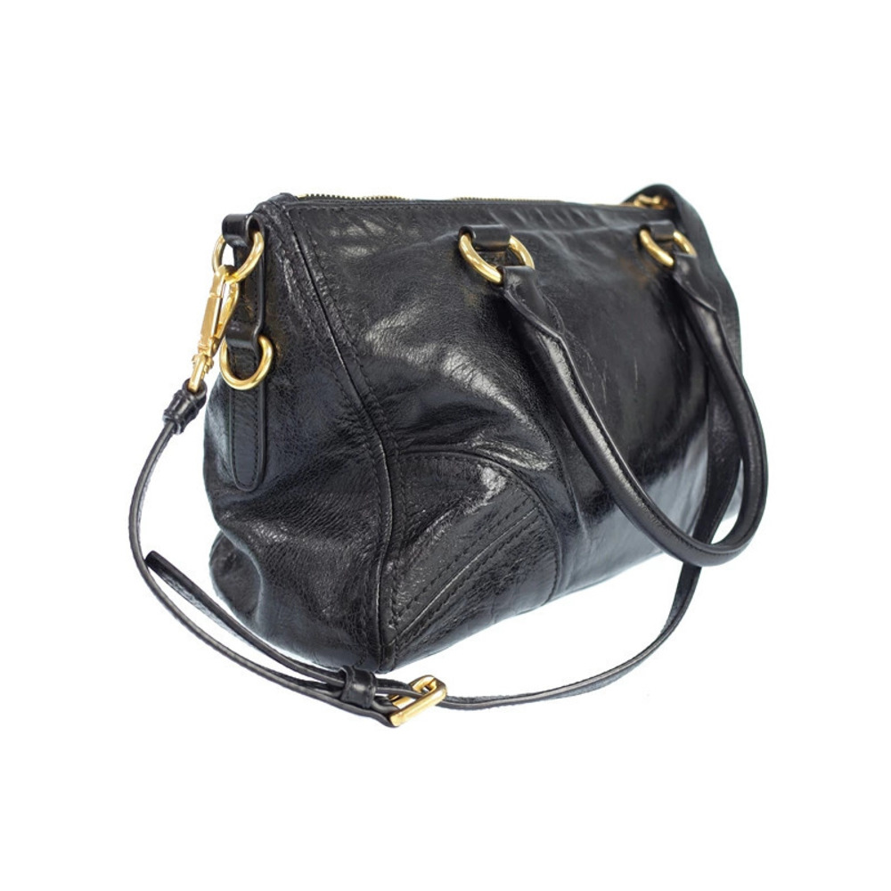 Prada Bauletto Black Bag West East Shine Vitello Leather